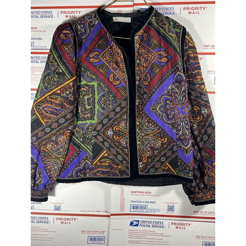 Vintage Aquascutum‎ Of London Laine Wool Paisley Print Cardigan Coat Sz 42 RARE